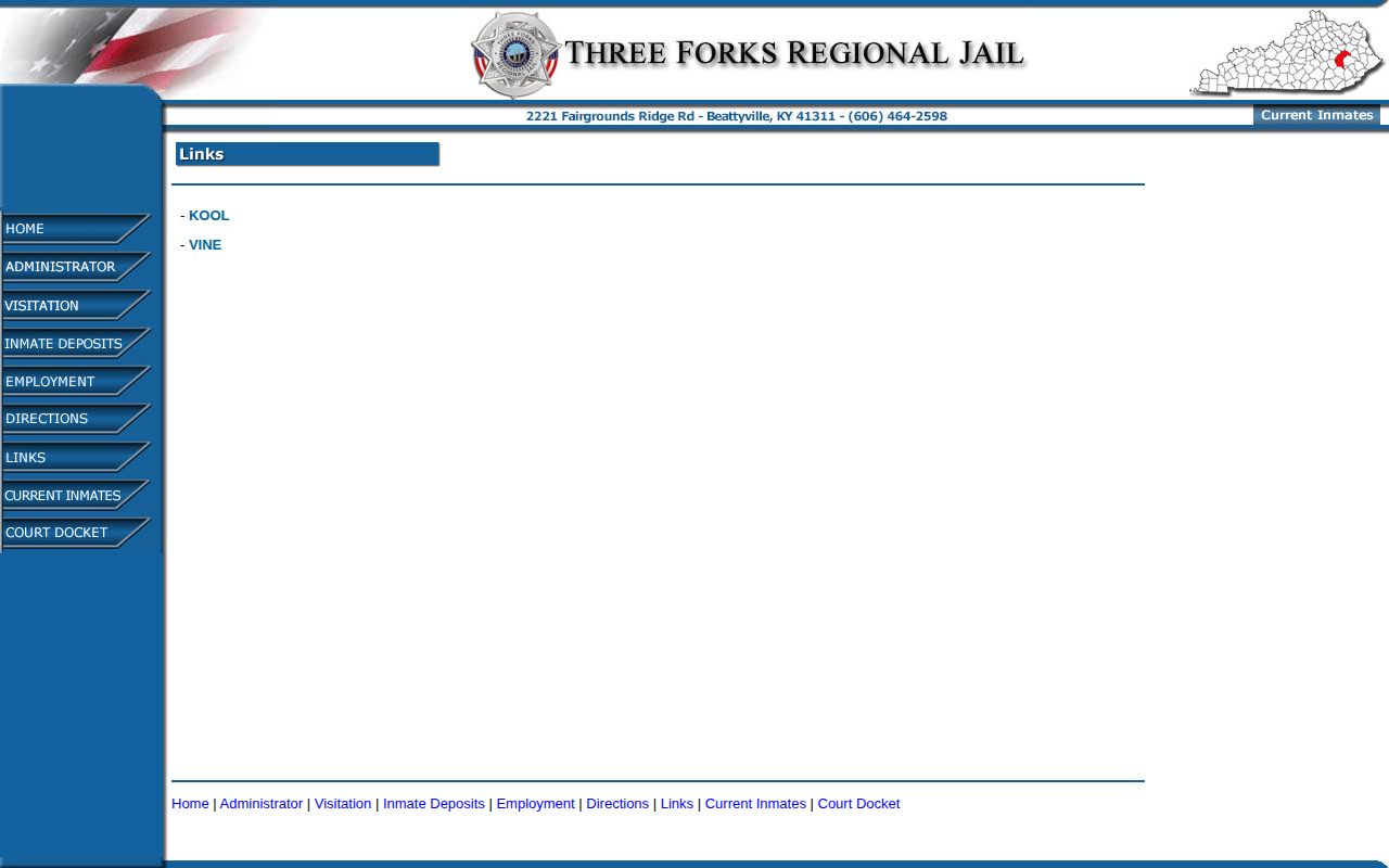 Three Forks Regional Jail official links page with VINELink access