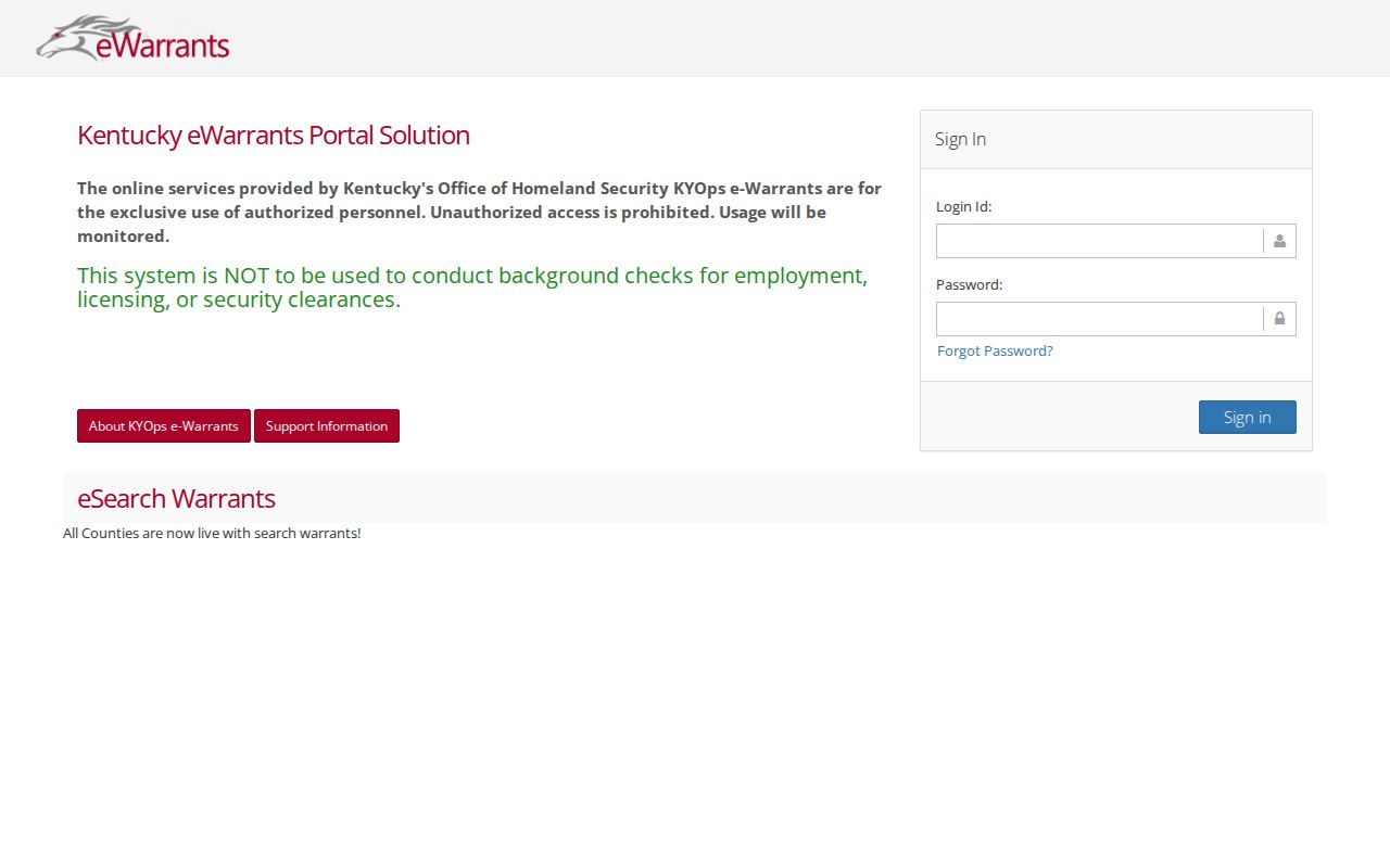 Kentucky eWarrants page showing authorized access limits