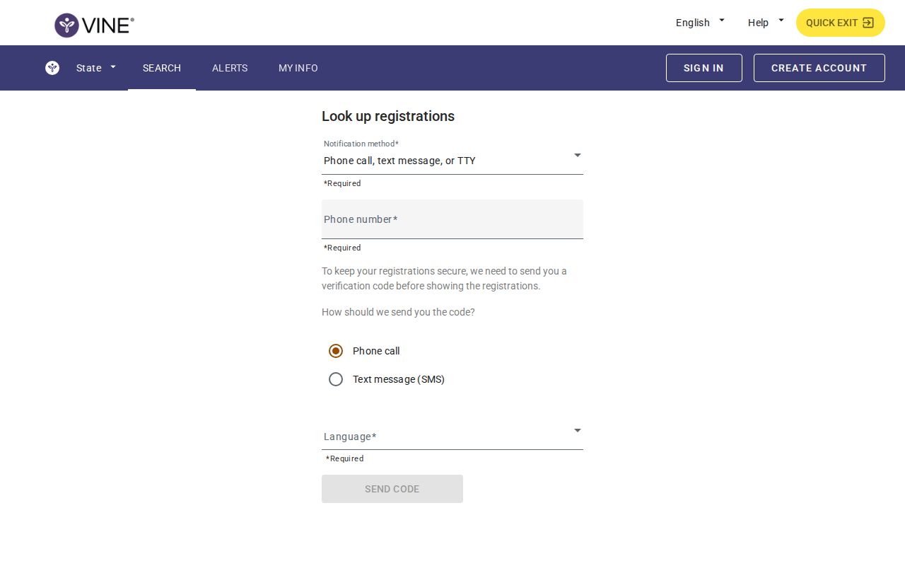 VINELink custody alert registration screen