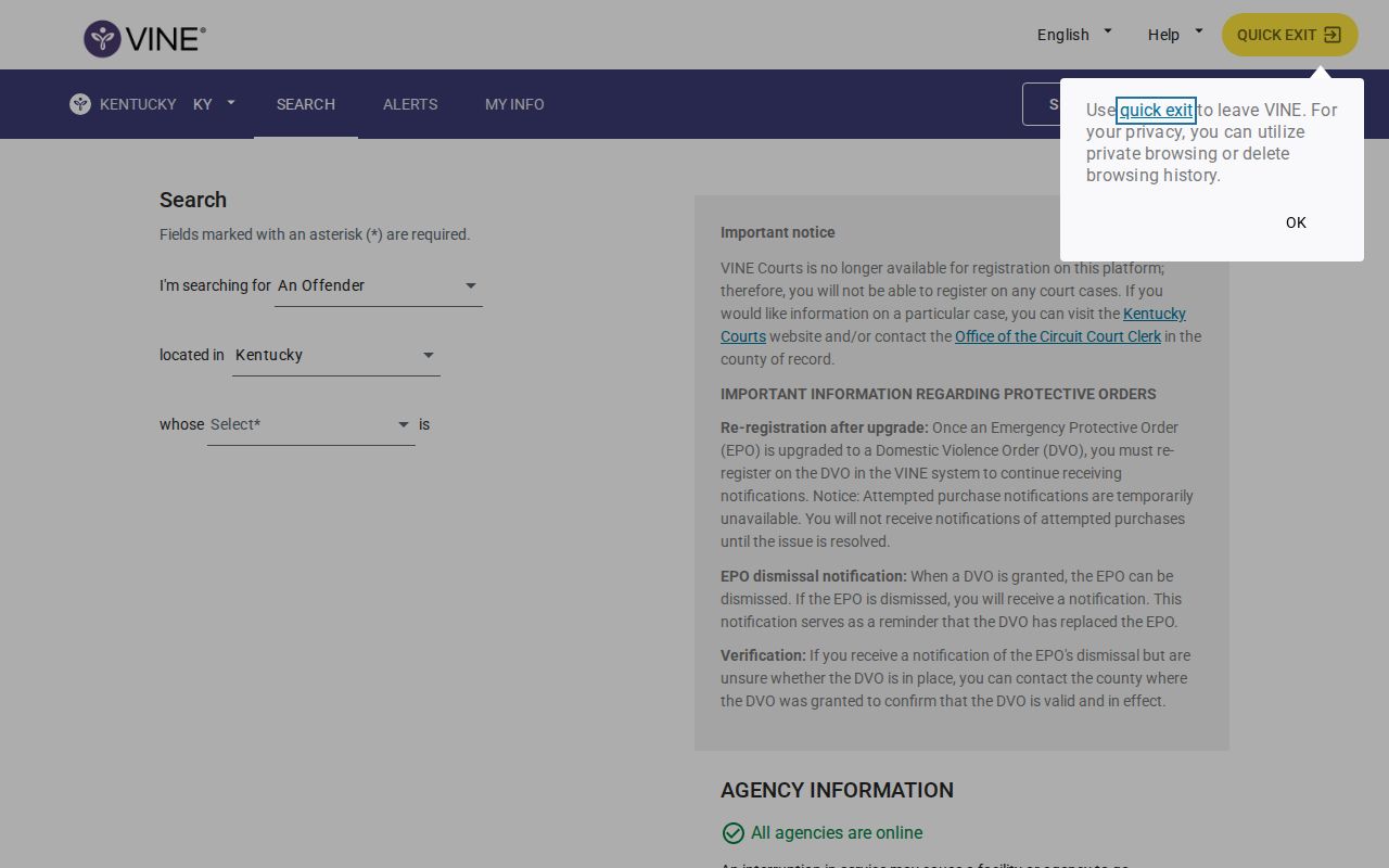 Kentucky VINELink person search screen