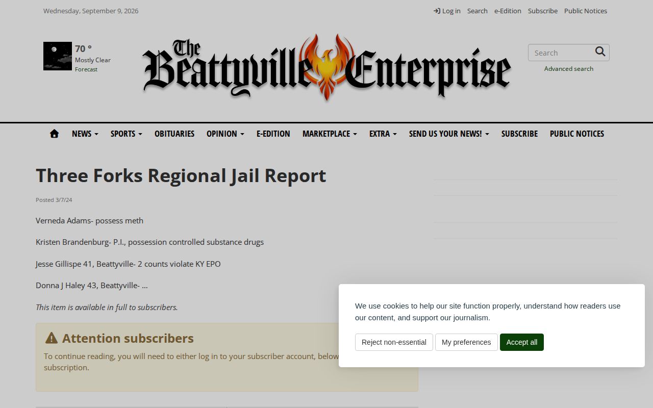 Beattyville Enterprise Three Forks Regional Jail Report page